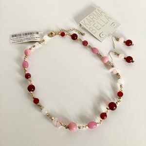 Karma Bella Gold Tone Necklace And Earrings Pink White Rose Glass Beads